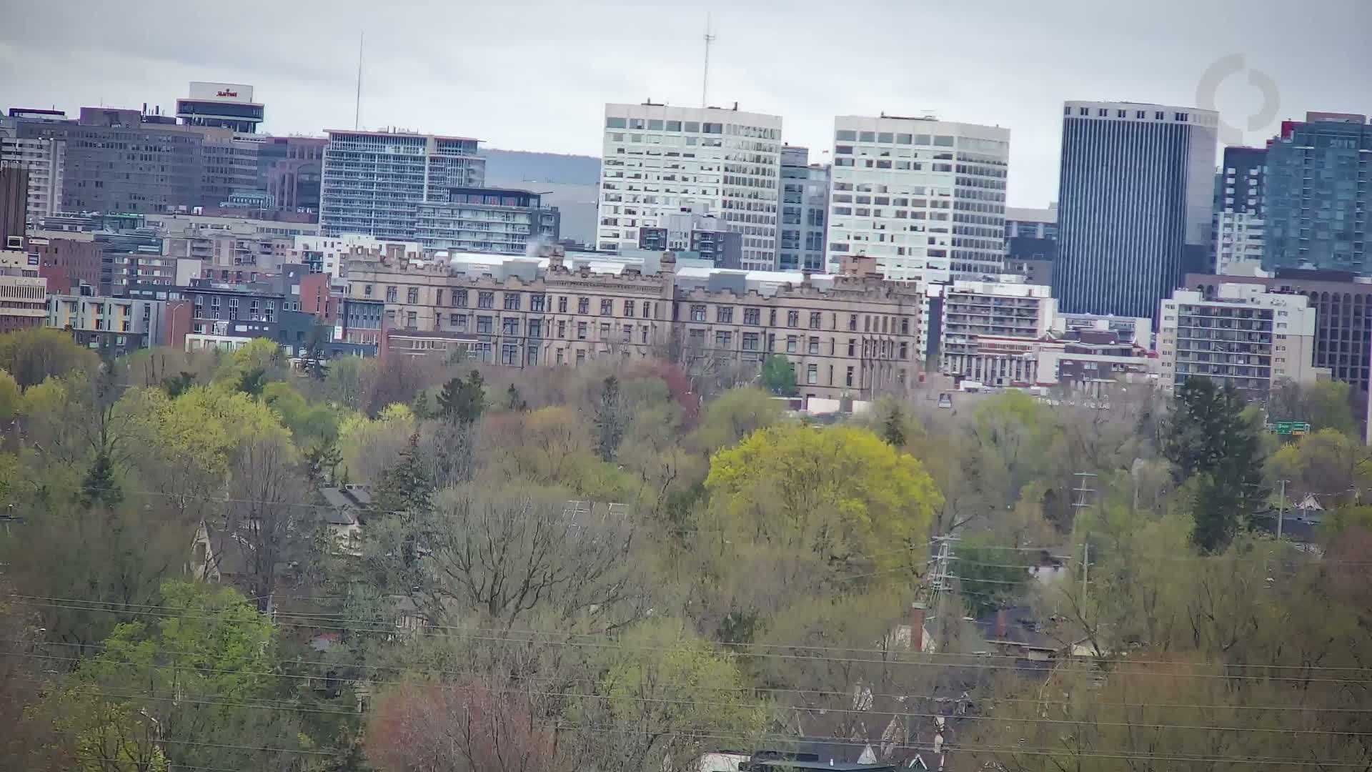 A cityscape with numerous buildings of varying heights, including a large, castle-like structure, is partially obscured by a forest of trees with budding spring leaves under an overcast sky.