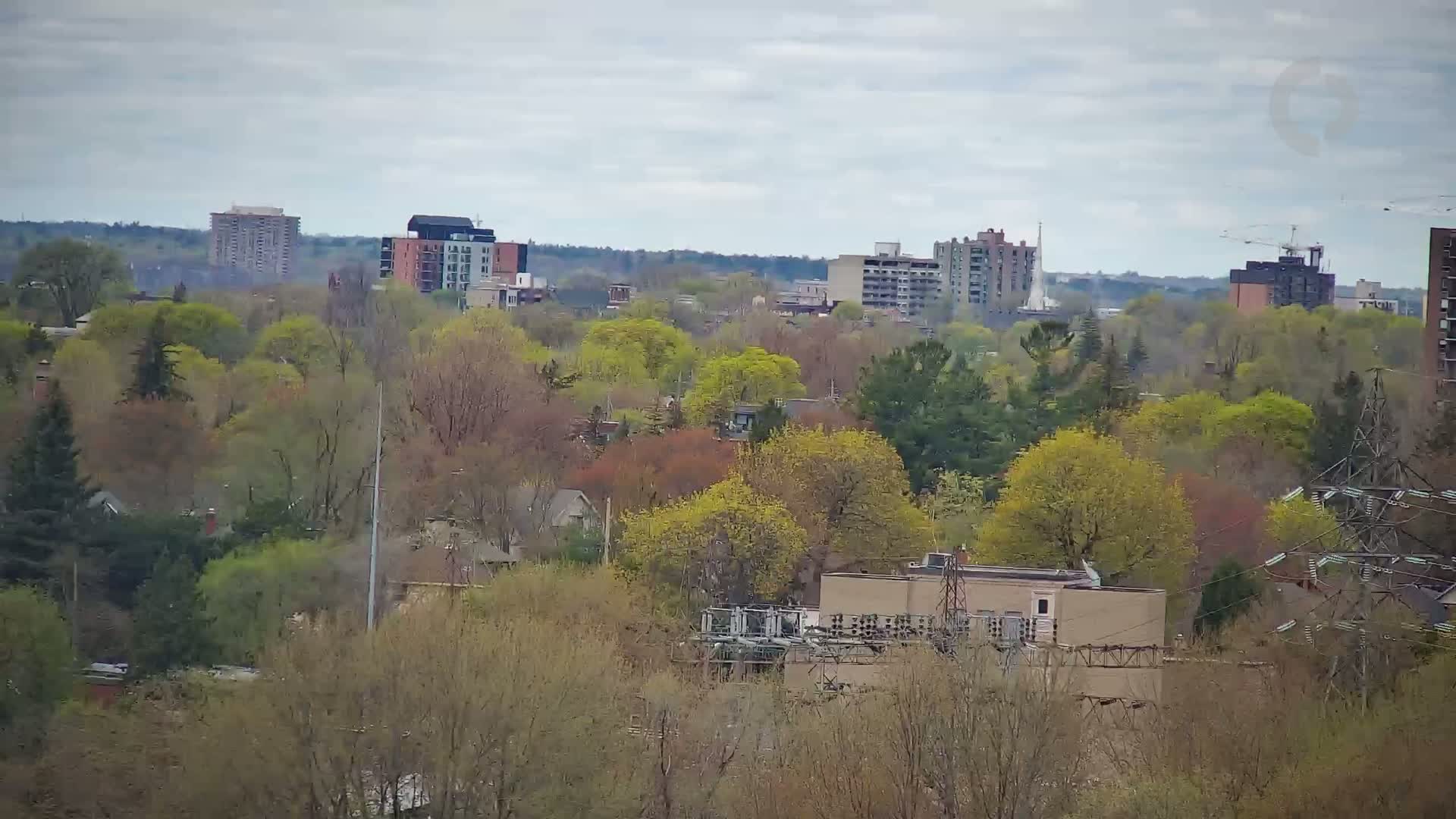 A view of apartment buildings and houses nestled among trees with budding spring leaves under an overcast sky.