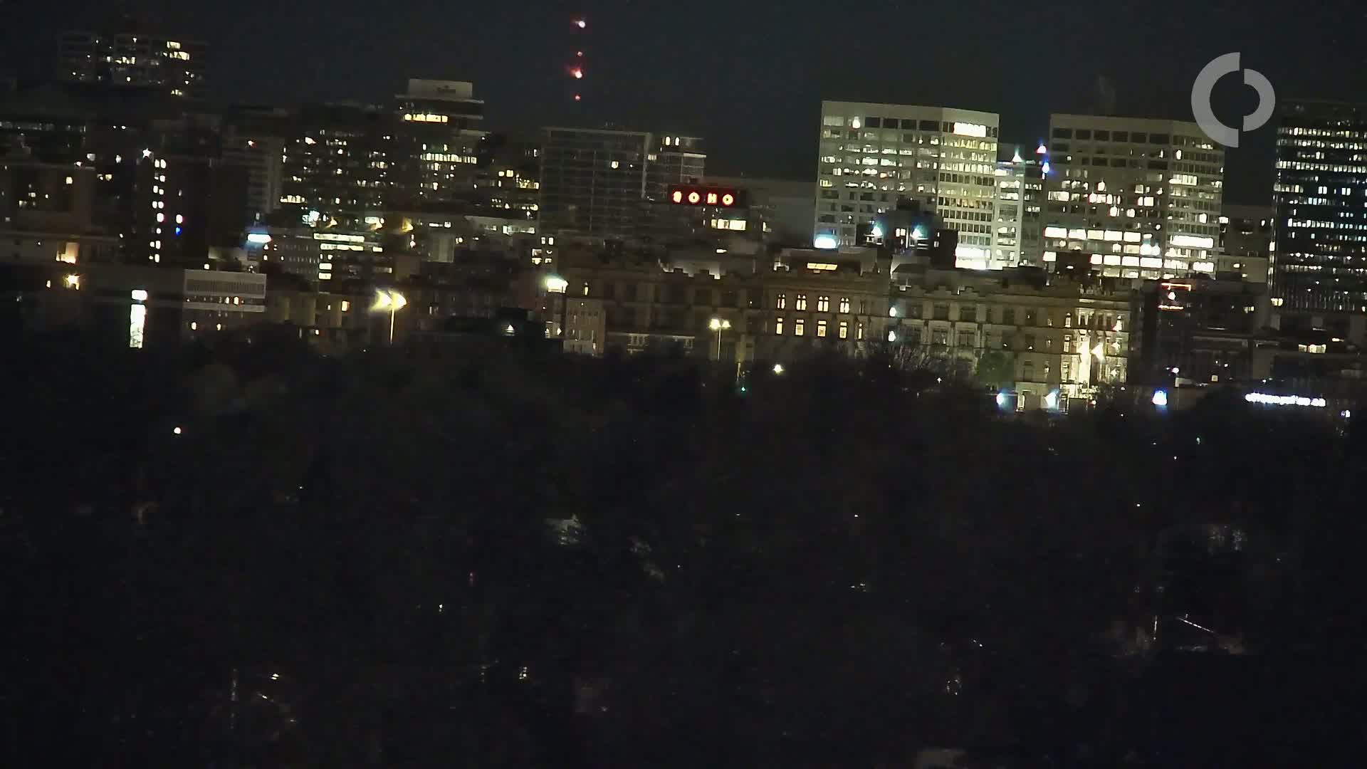 A nighttime cityscape of many lit buildings, viewed from across a dark expanse of trees under a clear sky.