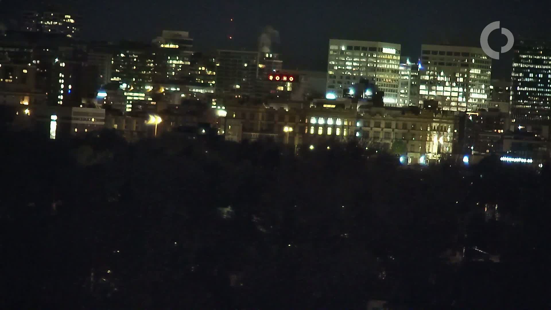 A nighttime view of a city skyline with numerous illuminated buildings, partially obscured by a dark foreground of trees or vegetation.