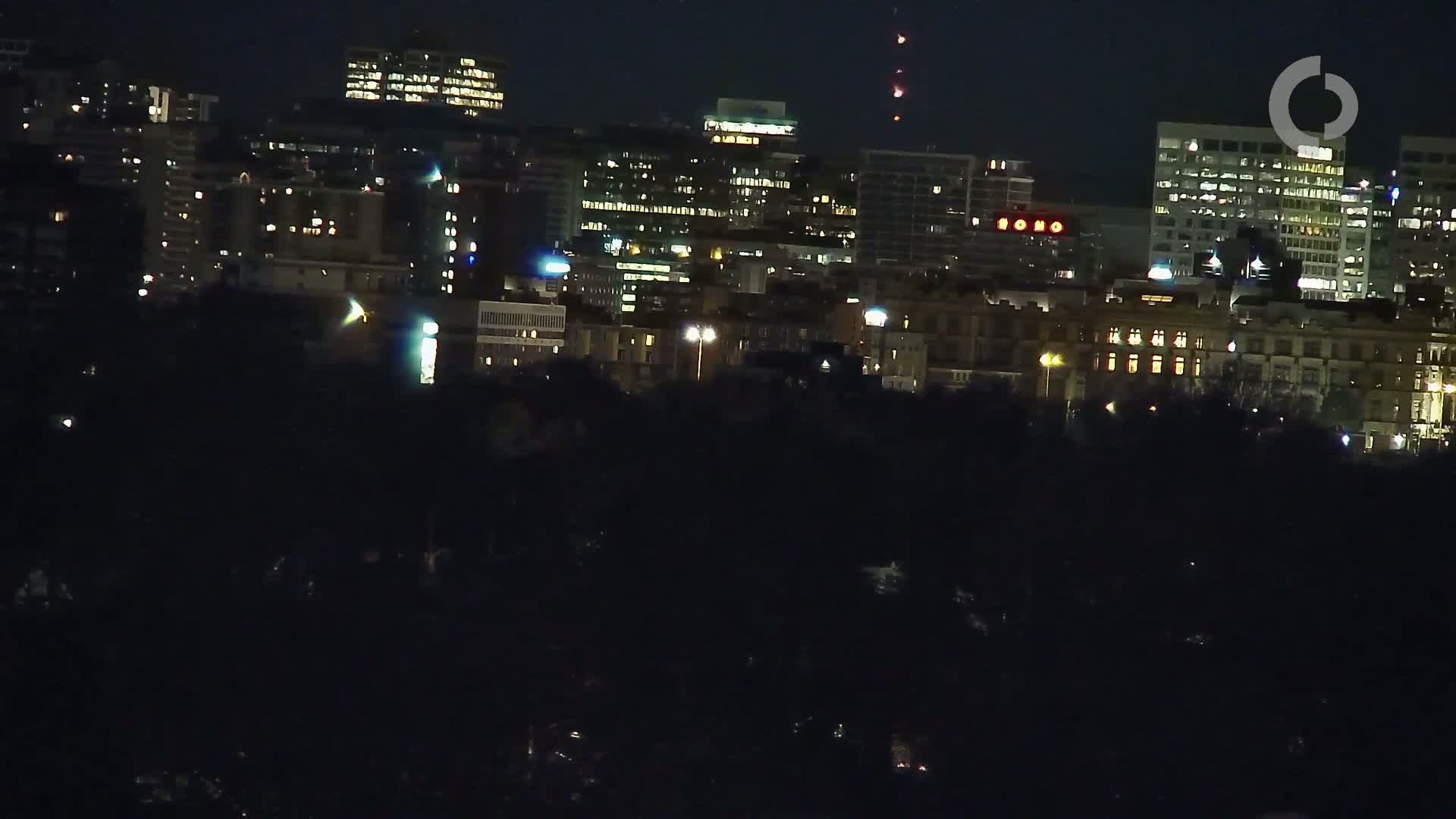 A nighttime cityscape of illuminated buildings is partially obscured by a dark foreground of trees.