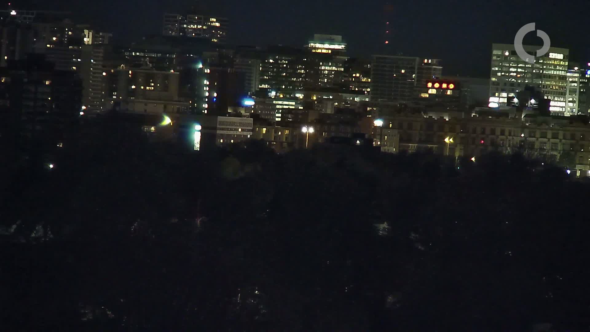 A nighttime view of a city skyline with brightly lit buildings and dark trees in the foreground.