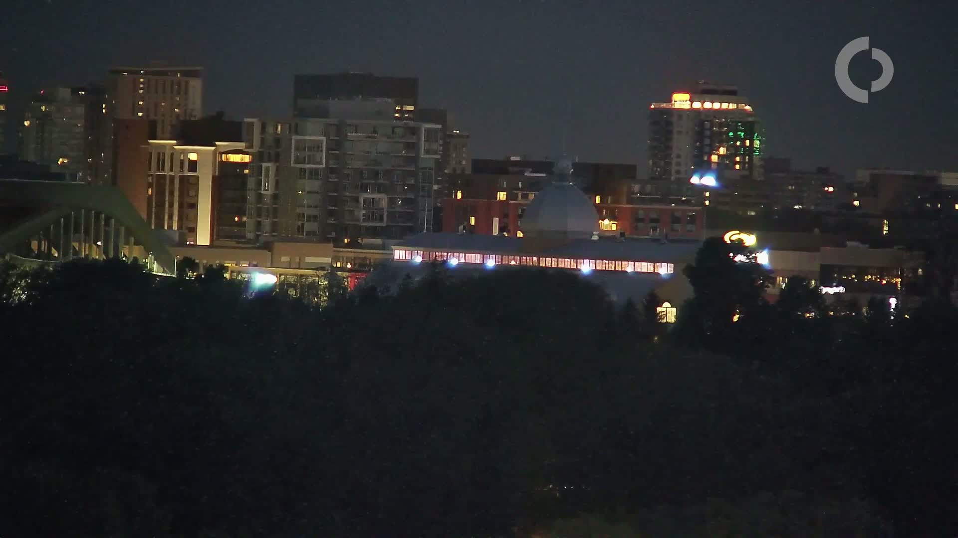 A nighttime view of a city skyline with illuminated buildings and a dark foreground of trees.