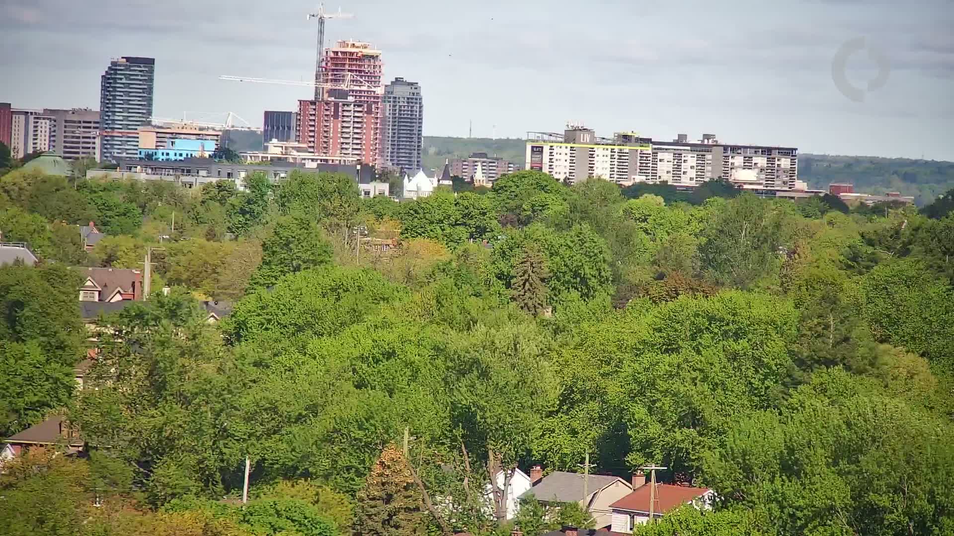 A lush green tree-covered hillside sits in front of a city skyline under a partly cloudy sky.