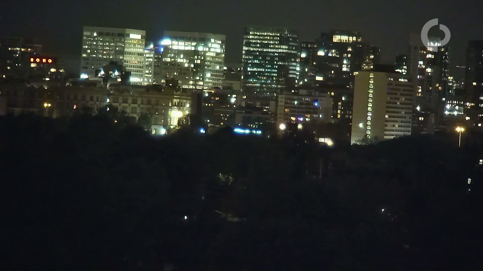 A nighttime view of a city skyline with numerous buildings illuminated, partially obscured by a dark foreground of trees or vegetation.