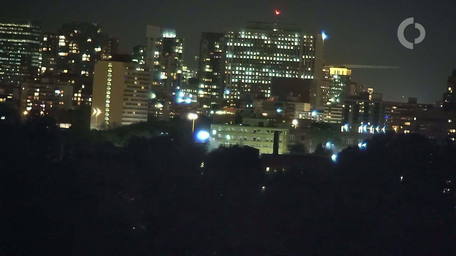 A nighttime cityscape with numerous illuminated buildings is visible from a distance, partially obscured by dark trees in the foreground.