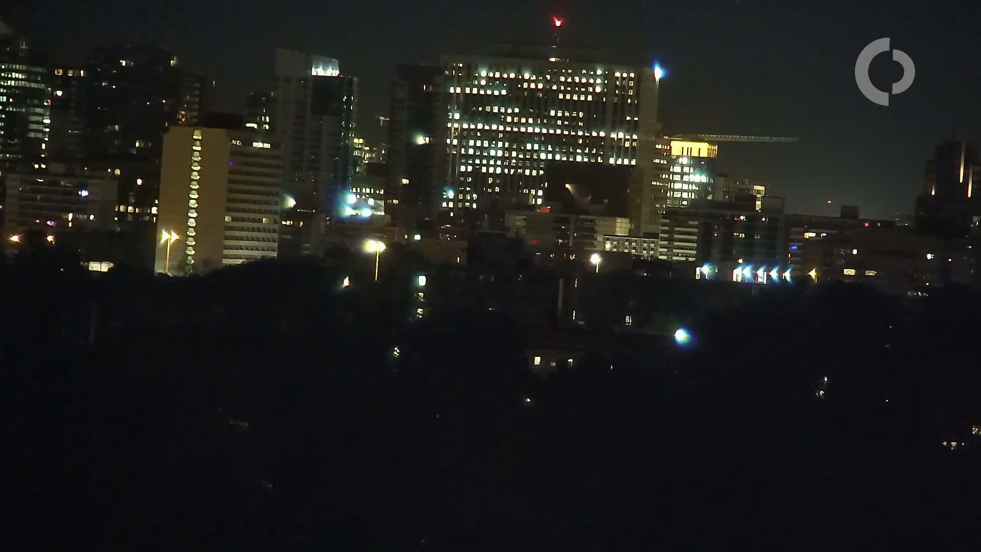 A nighttime view of a city skyline with illuminated buildings, partially obscured by dark trees in the foreground.