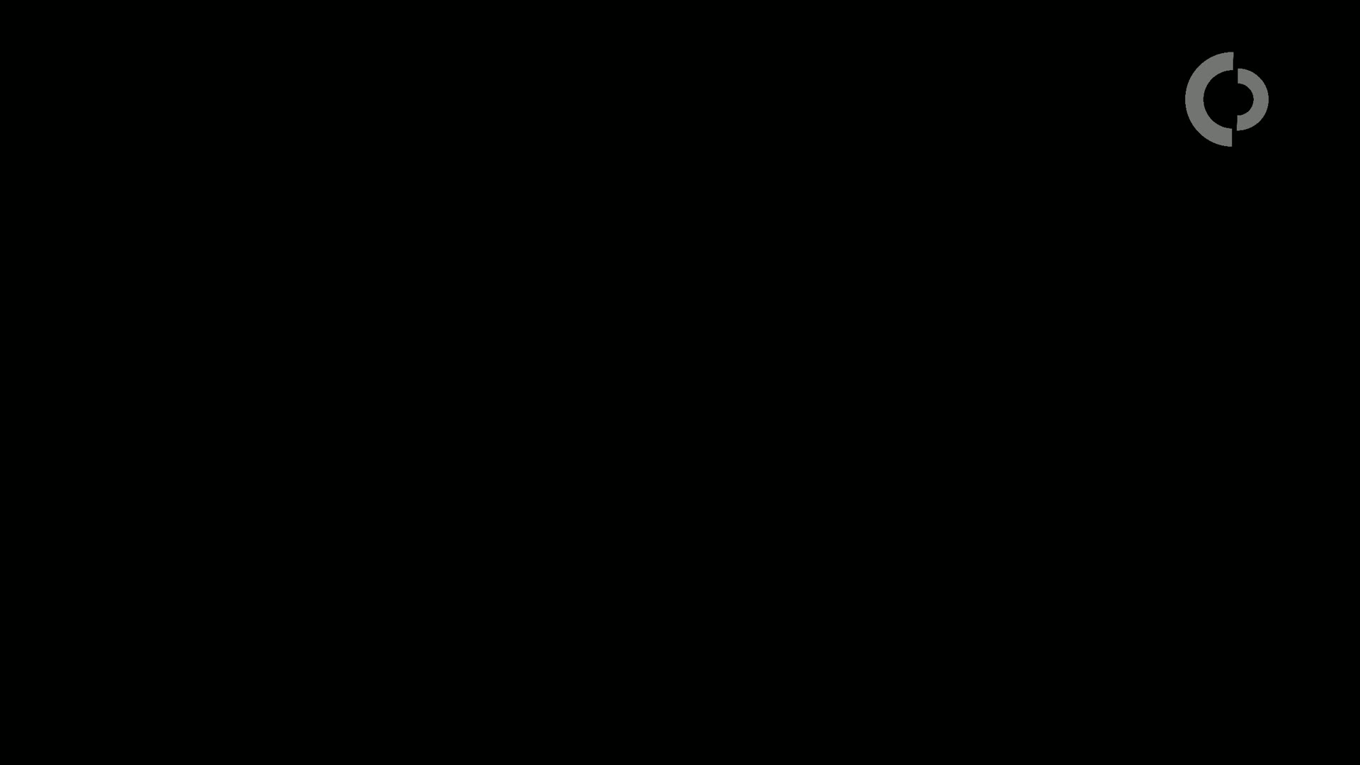 A black background features a small, gray, partially circular logo in the upper right corner.