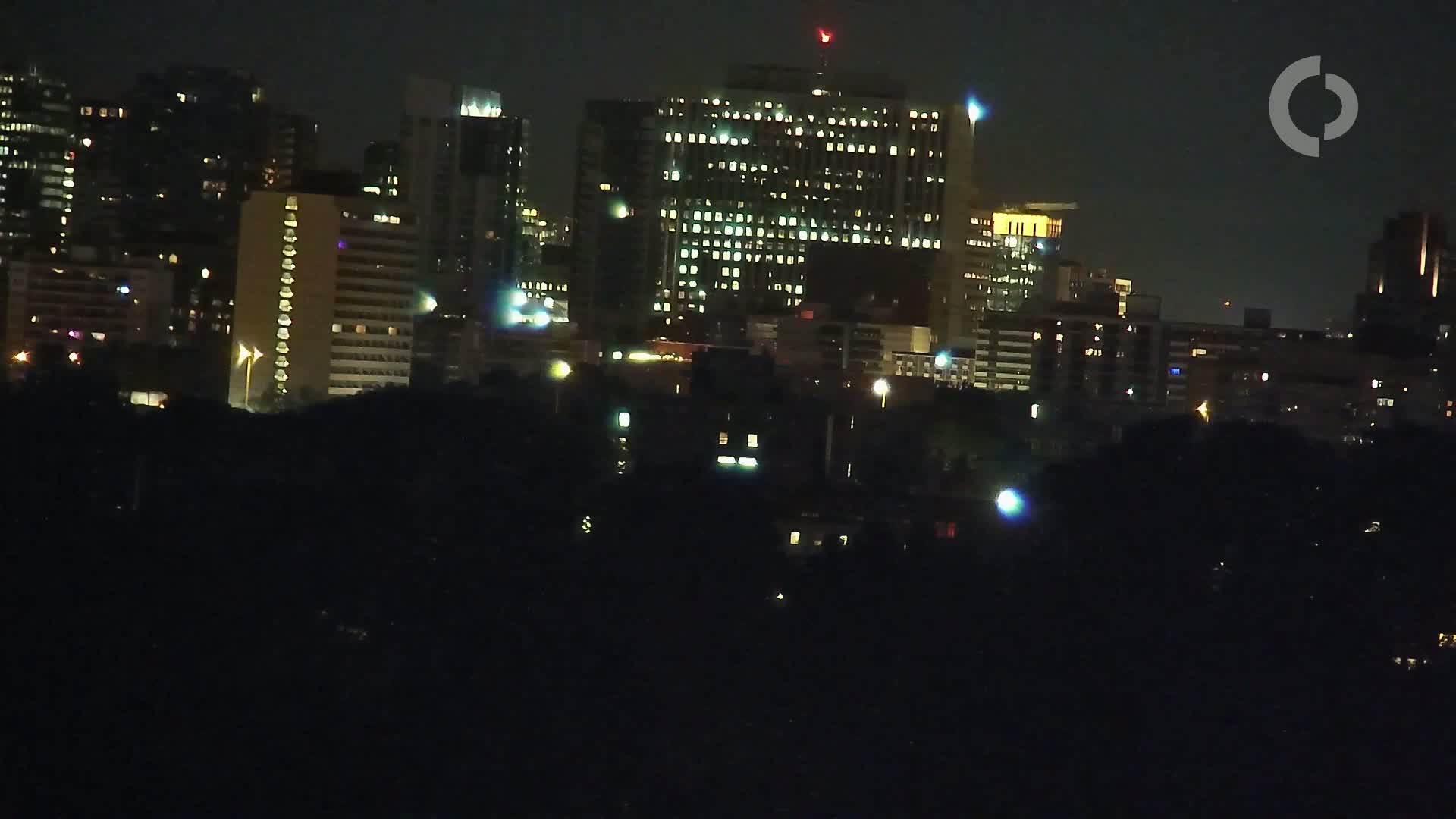 A nighttime view of a city skyline with numerous illuminated buildings and dark trees in the foreground under a clear, dark sky.