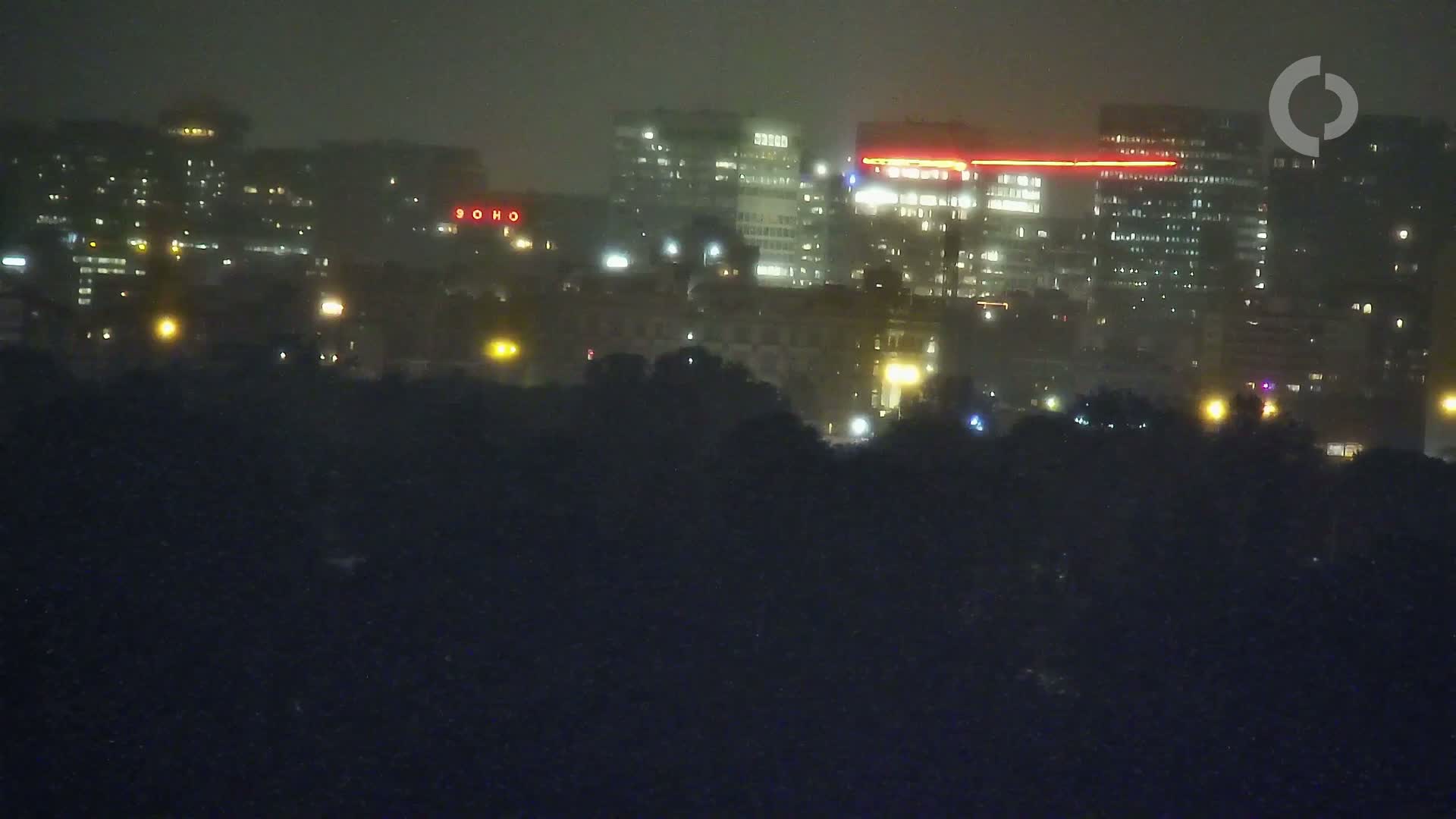 A hazy night view of illuminated city buildings across a dark expanse of trees.