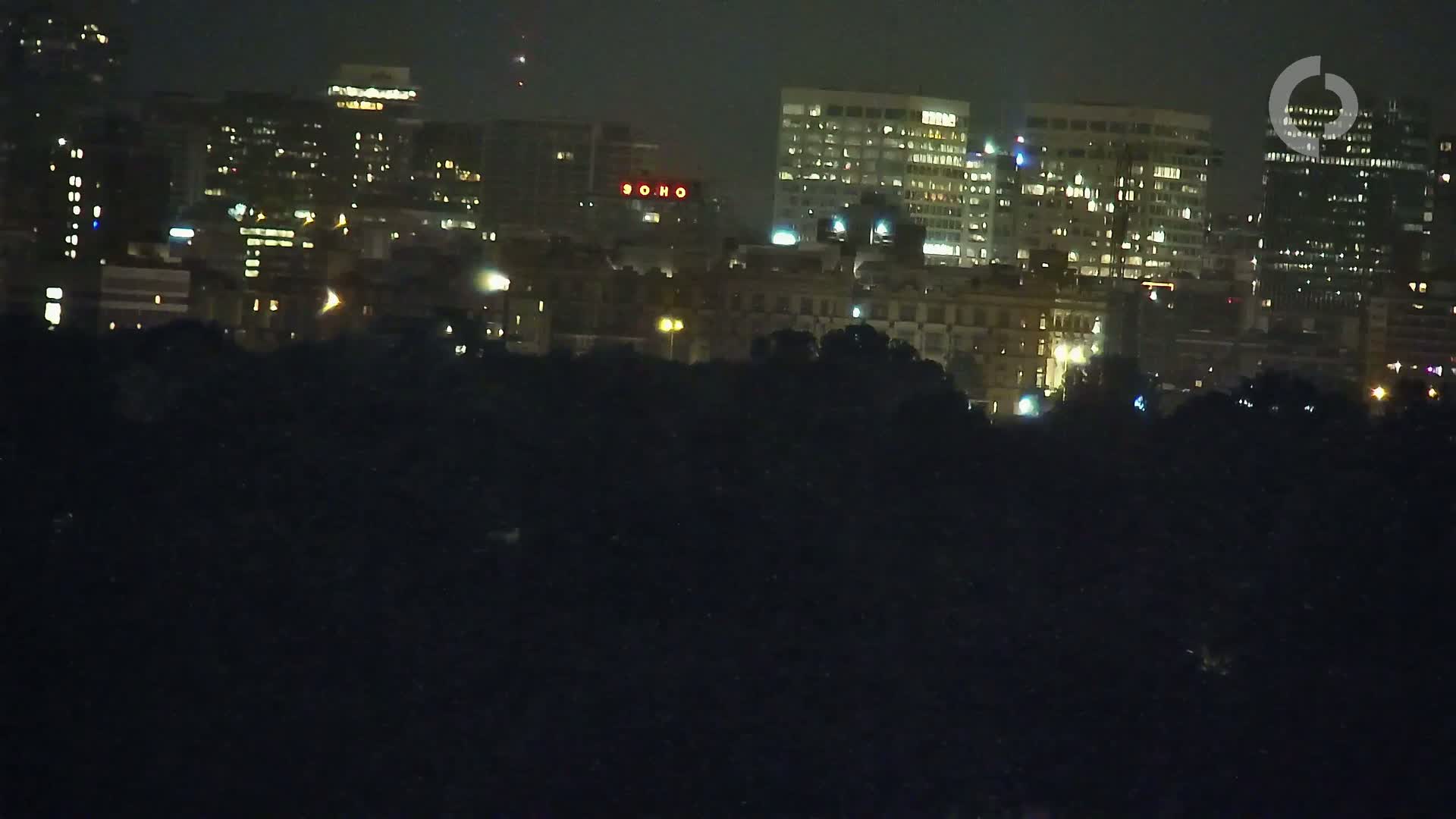 A nighttime view of a city skyline with numerous illuminated buildings, partially obscured by a dark foreground of trees or vegetation.