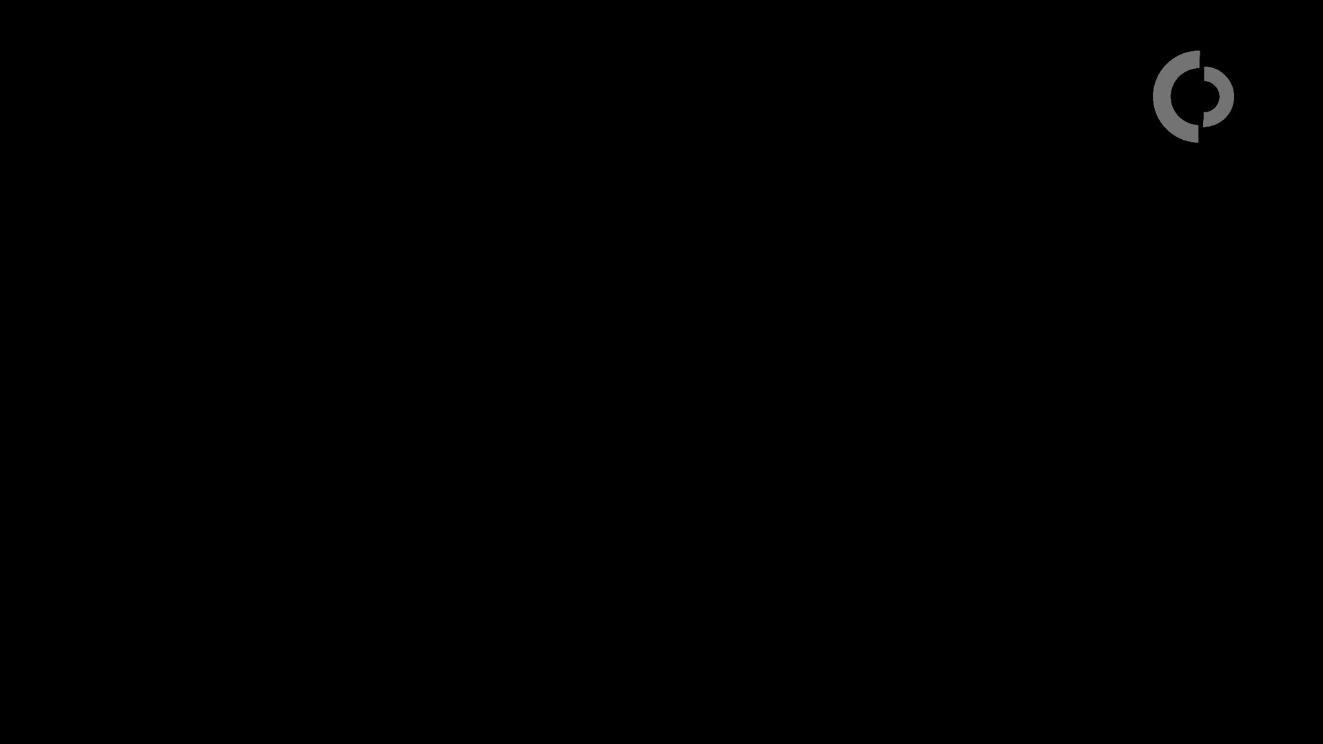 A black image features a small, gray, C-shaped logo composed of two arcs in the upper right corner.