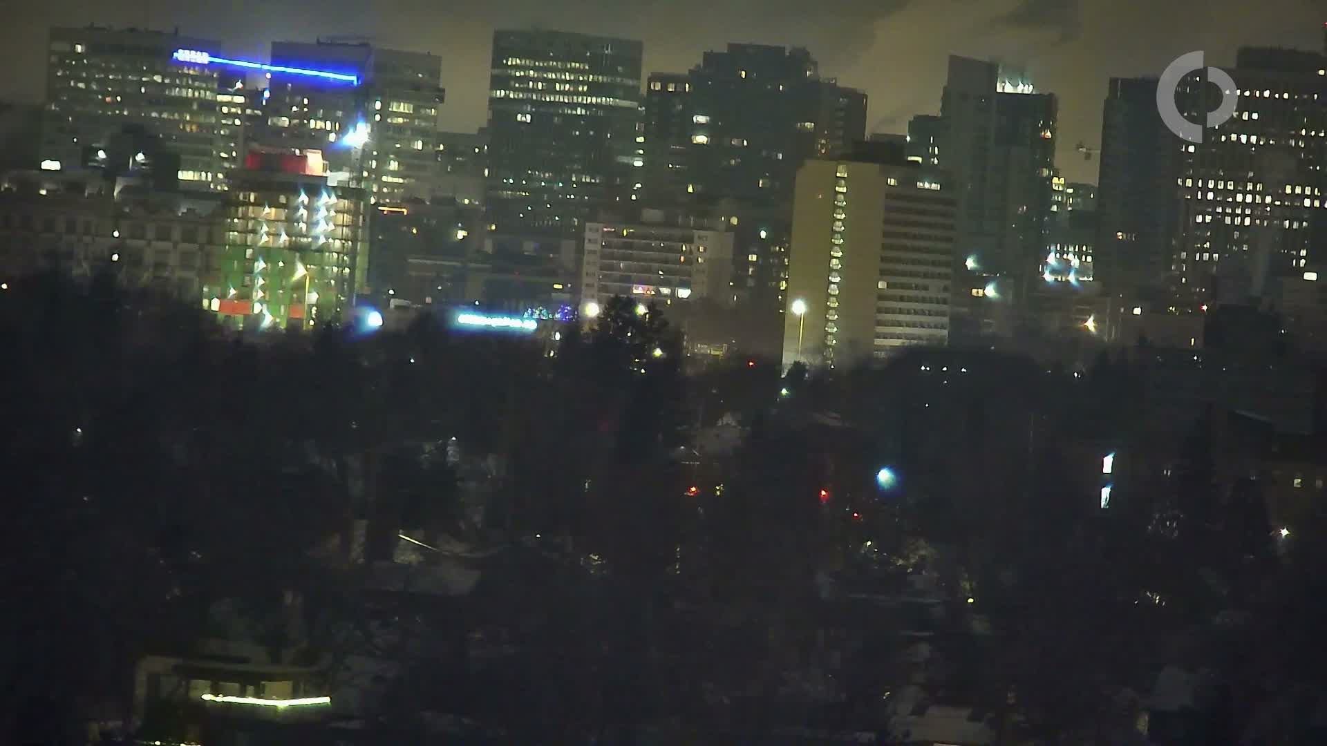 A nighttime cityscape is visible under an overcast sky, with numerous illuminated buildings towering above a dark foreground of trees.