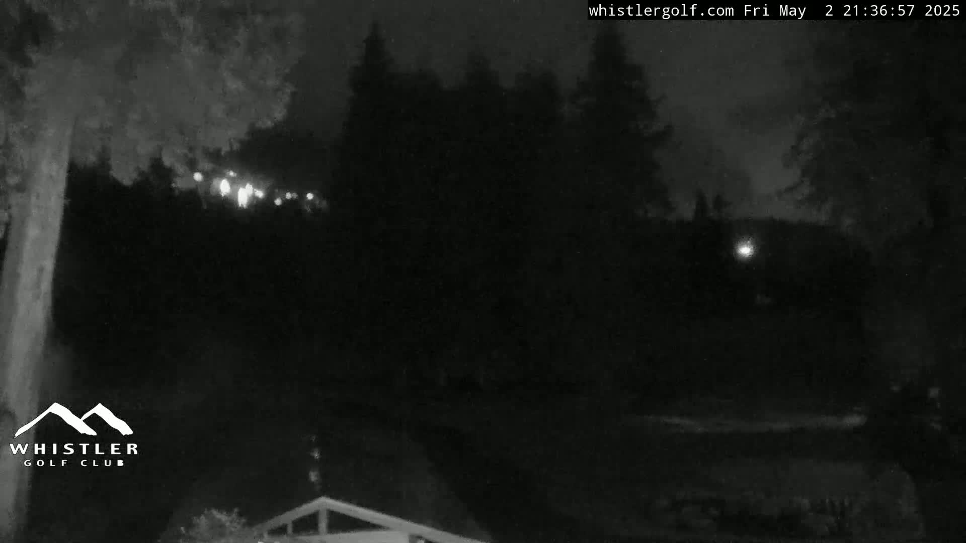 A nighttime, low-light view shows a dark, tree-lined hillside with a few distant lights.