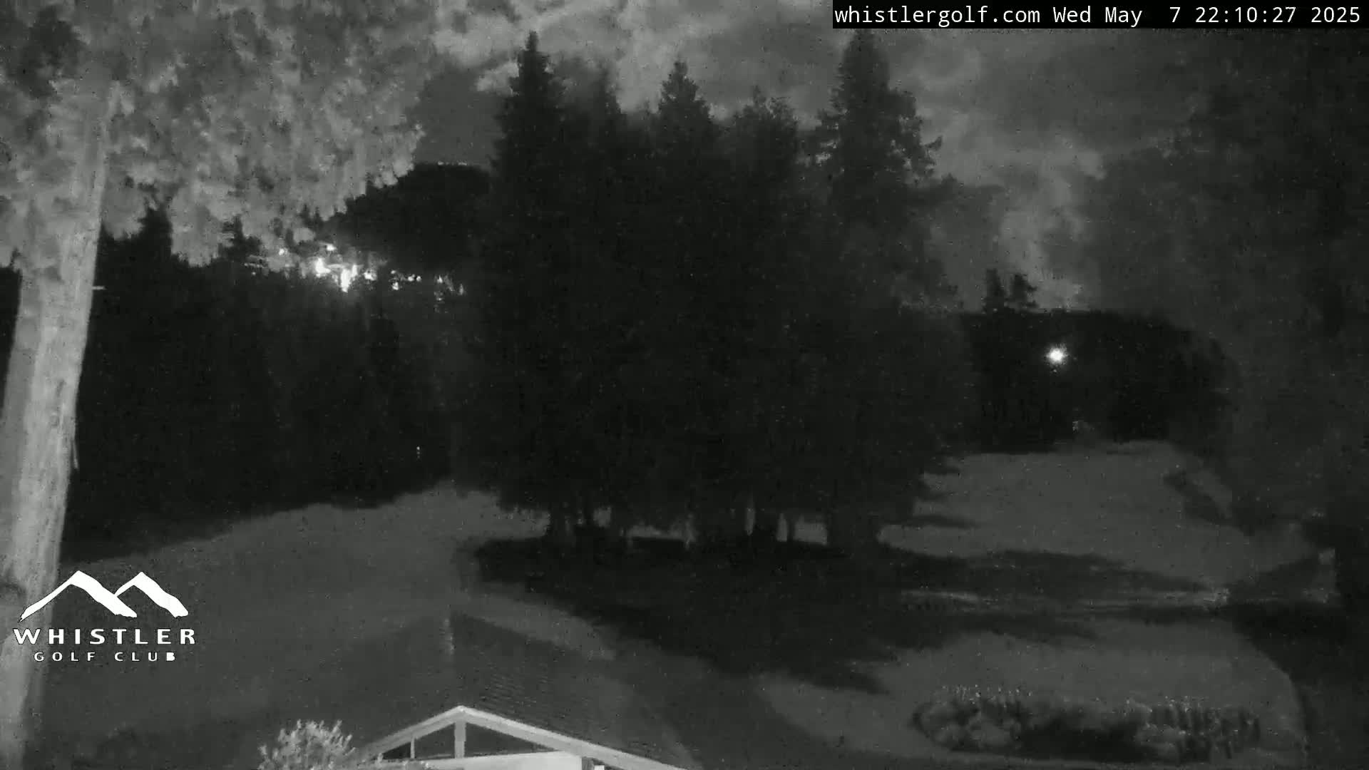 A nighttime, low-light view of a golf course surrounded by dark trees under a cloudy sky.