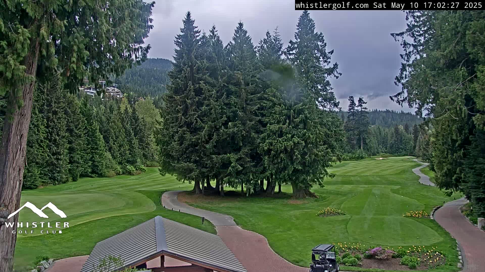 A golf course, surrounded by lush evergreen trees under a cloudy sky, features a winding path and a golf cart.