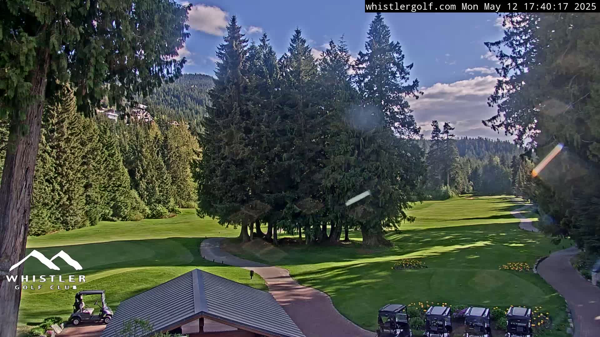 A sunny golf course nestled among tall evergreen trees, with several golf carts parked near a building.