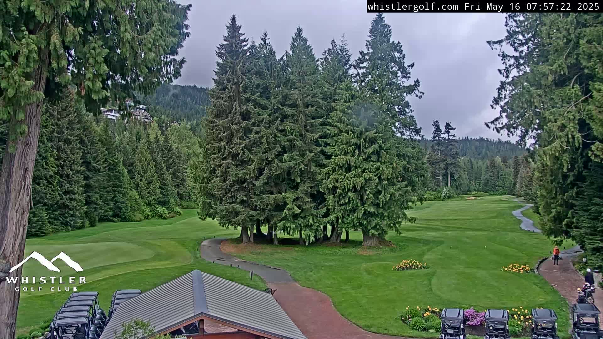 A golf course with a winding path, surrounded by lush green trees under an overcast sky.