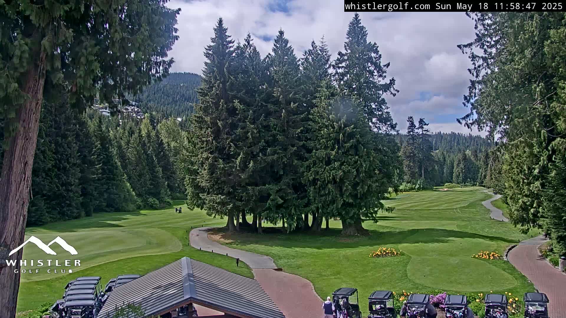 A partly cloudy day on a golf course surrounded by tall evergreen trees and mountains in the distance.