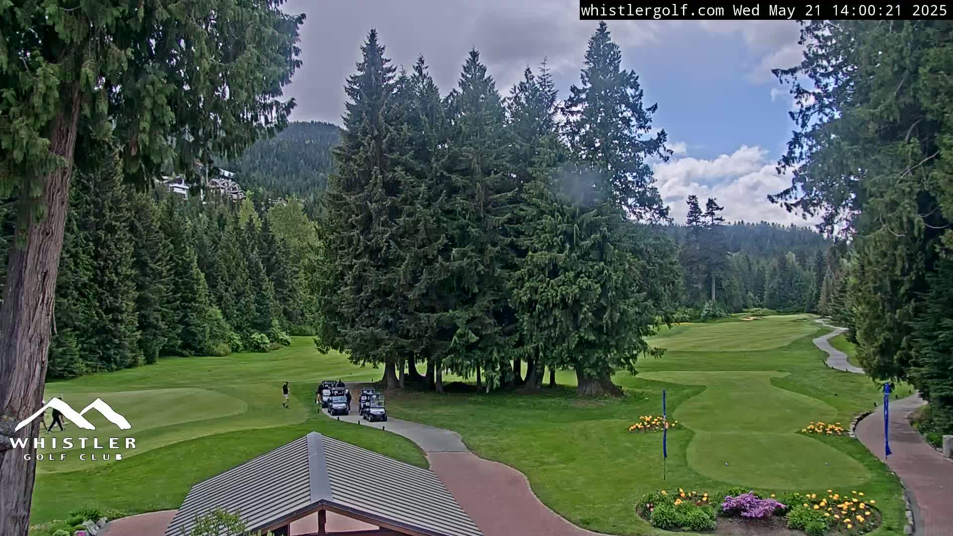 A partly cloudy day on a golf course nestled among lush evergreens and mountains.