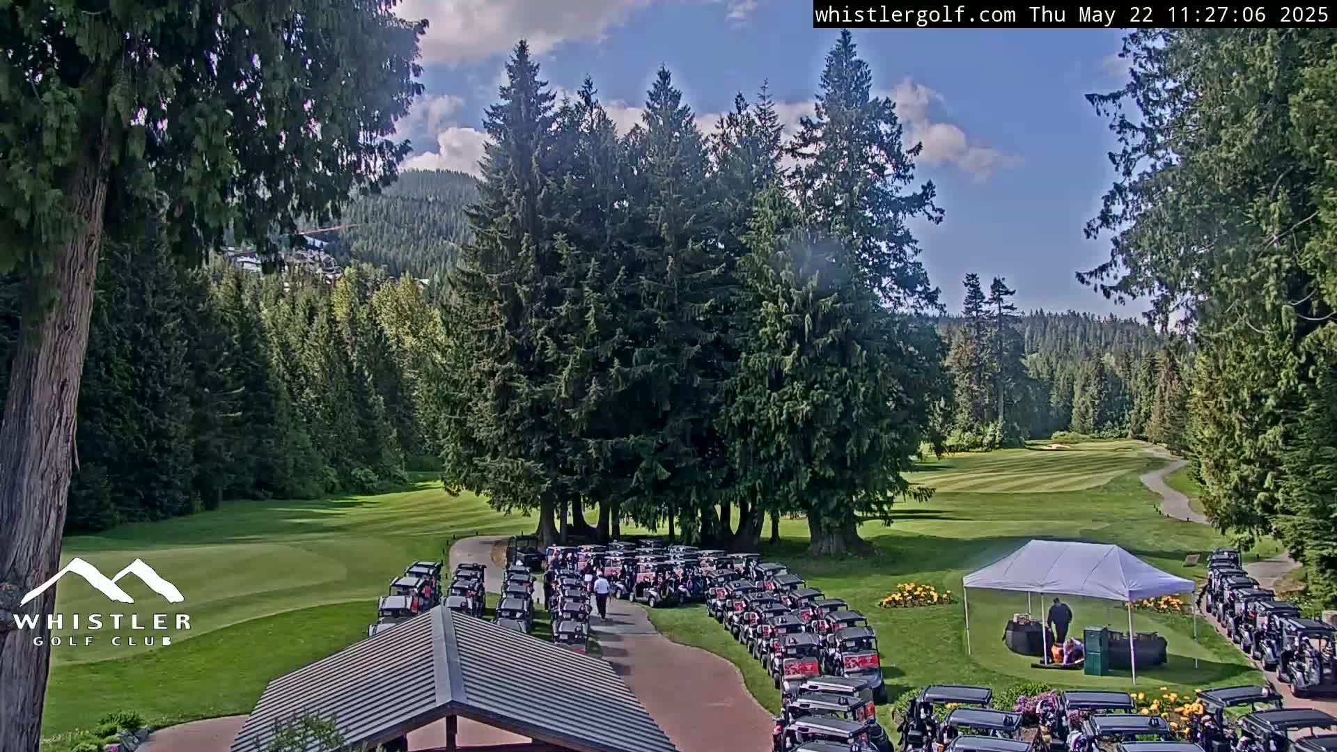 A partly sunny day at a golf course shows numerous golf carts parked near a small tent, surrounded by evergreen trees and a green fairway.