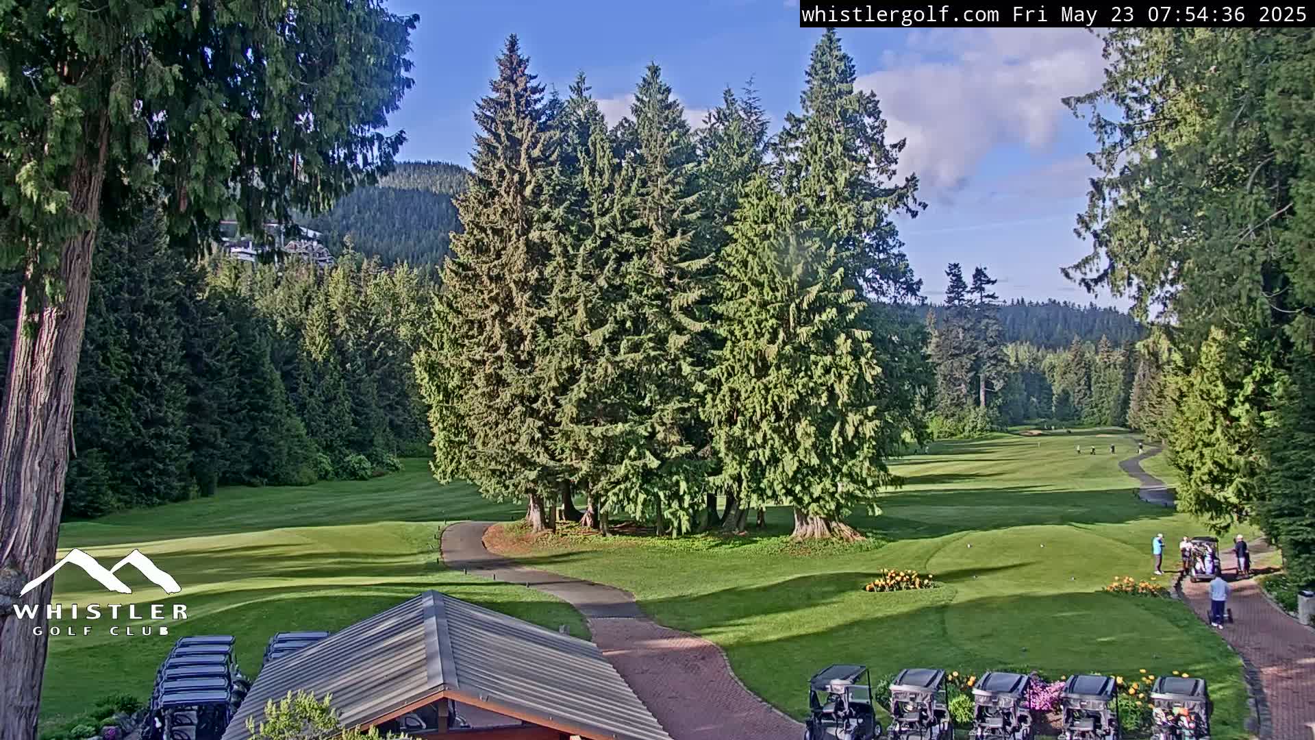 A golf course nestled among evergreen trees under a mostly sunny sky.