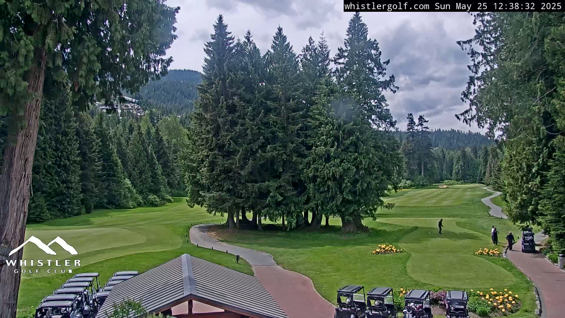 A golf course nestled among a lush forest of evergreen trees under a partly cloudy sky.