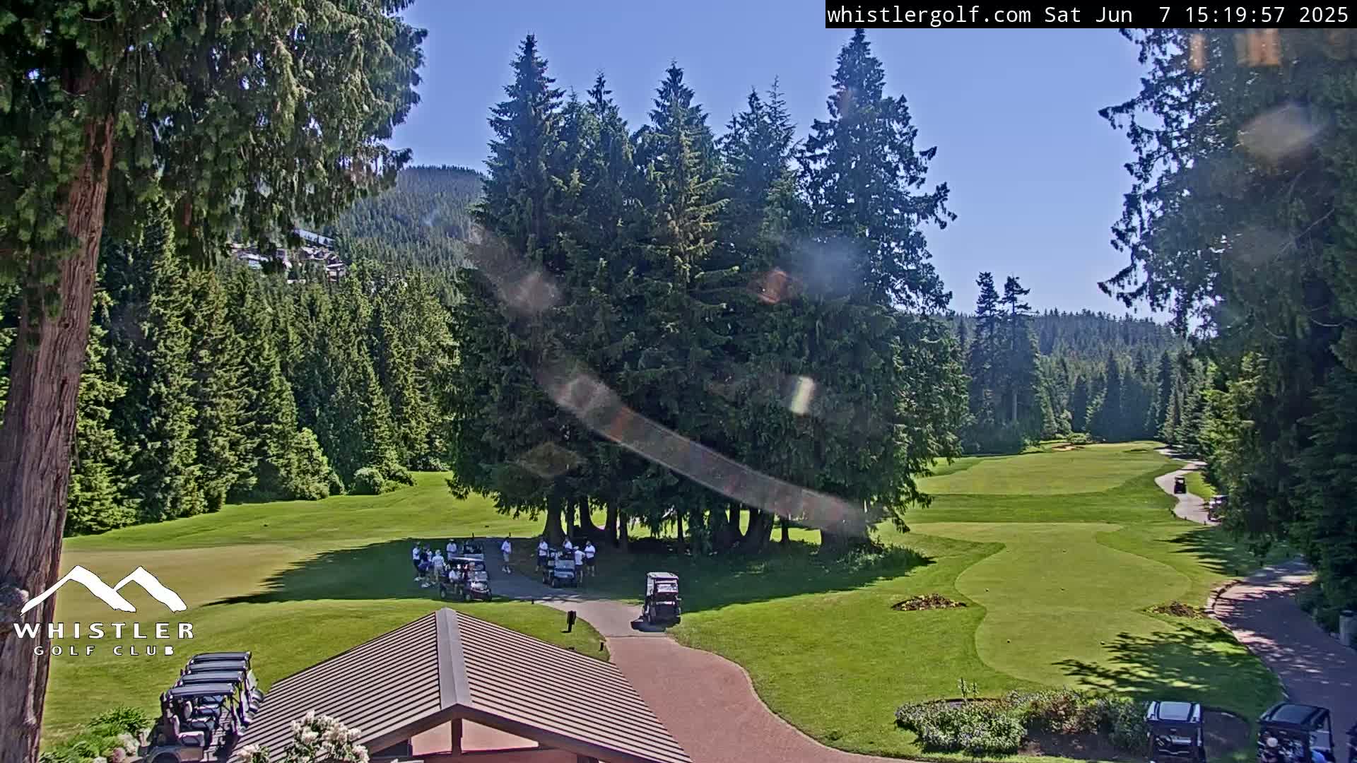 A sunny day at a golf course nestled among tall evergreen trees and mountains in the distance, showing a group of people gathered near golf carts on the green.