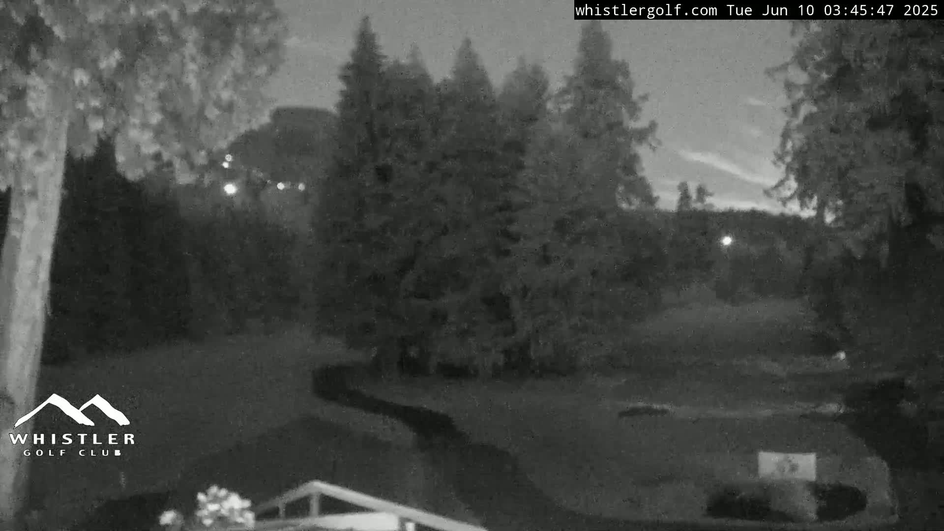 A nighttime, grayscale view of a golf course with trees and a small creek, under a slightly cloudy sky.