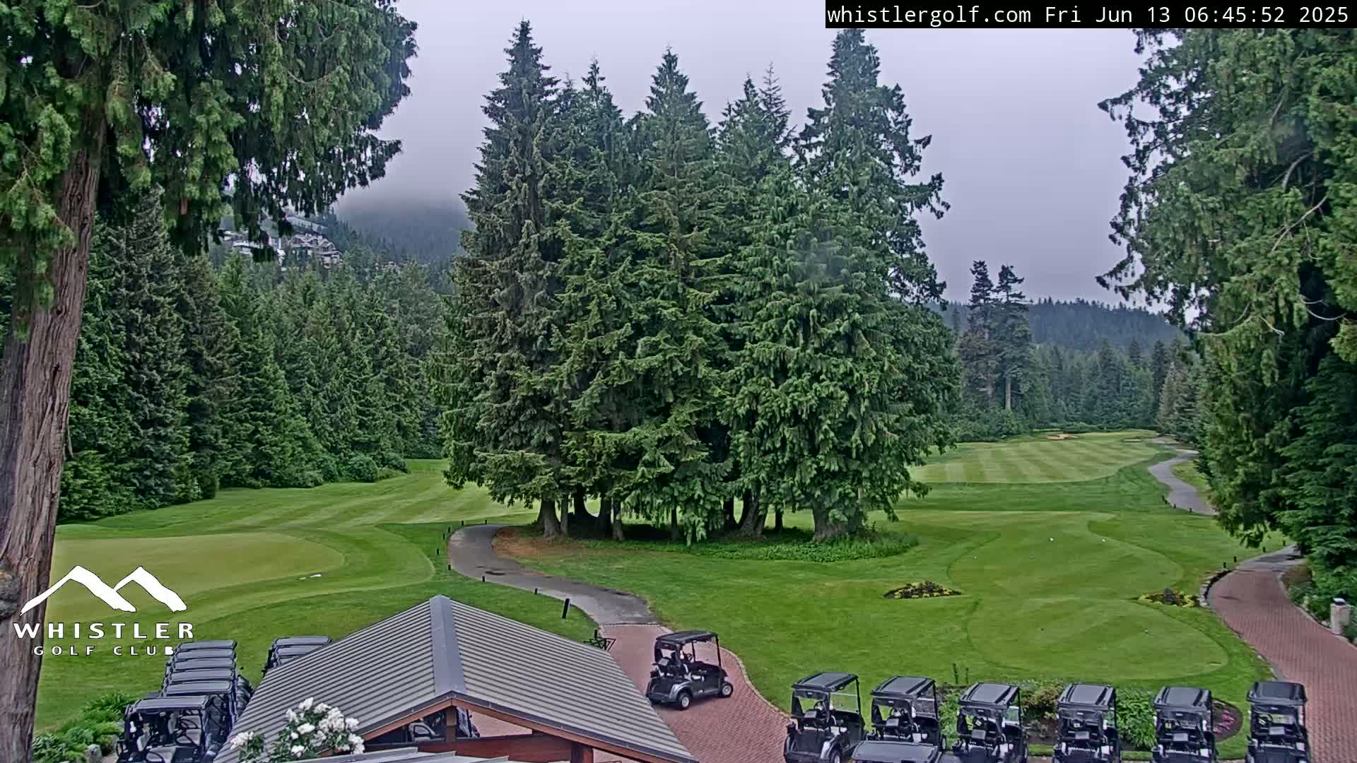 A golf course surrounded by lush evergreen trees on an overcast day, with several golf carts parked near a building.
