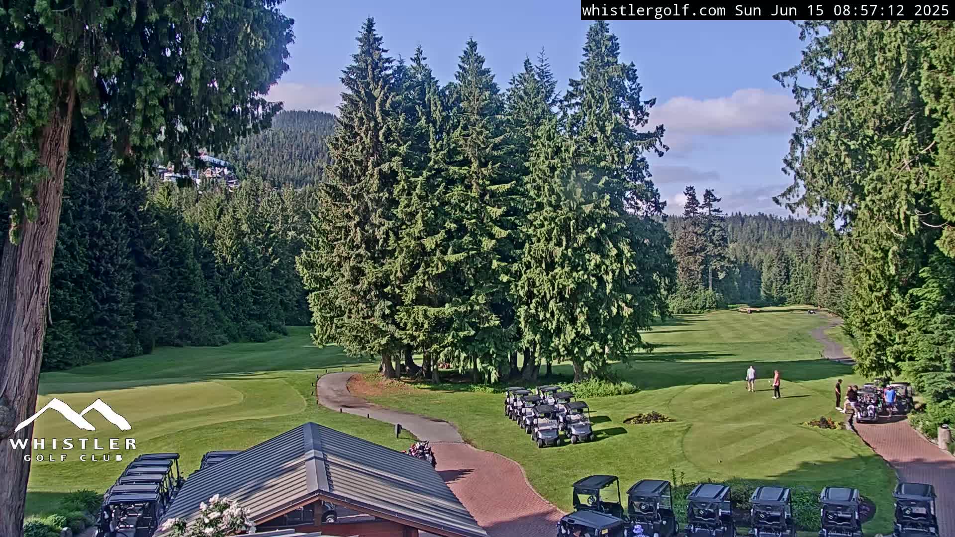 A golf course nestled among tall evergreen trees under a partly sunny sky, with golf carts parked near a clubhouse.