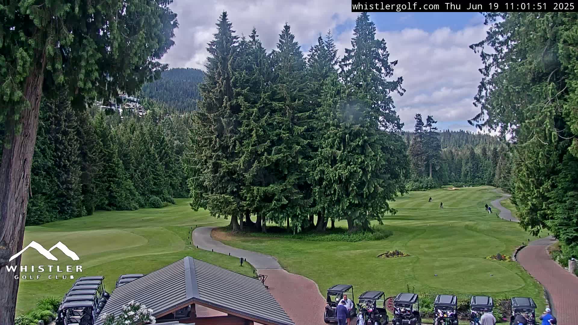 A partly cloudy day on a golf course surrounded by lush evergreens and mountains in the distance.