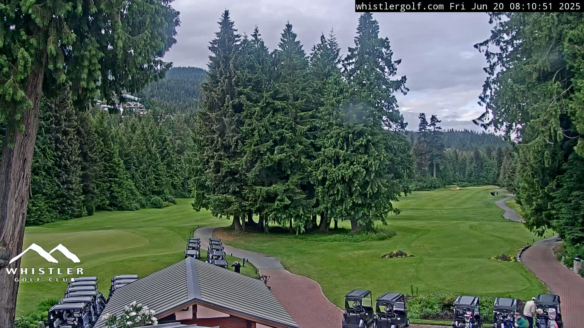 A golf course nestled in a forest of evergreen trees under a cloudy sky.