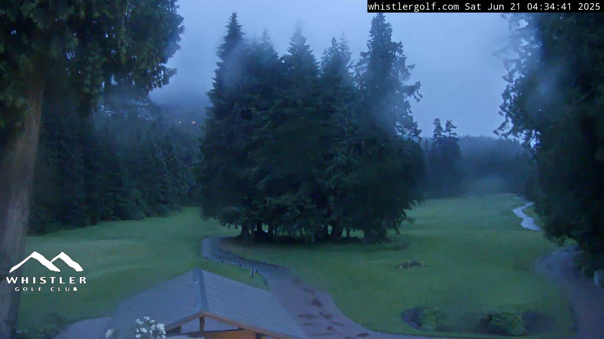 A misty, rainy scene shows a golf course nestled among dark green evergreen trees.