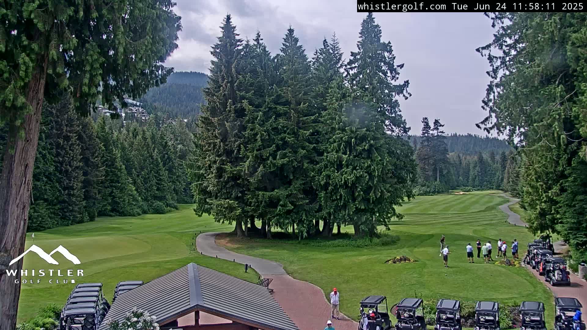 A golf course nestled among lush evergreen trees under a partly cloudy sky, with several golfers and golf carts visible.
