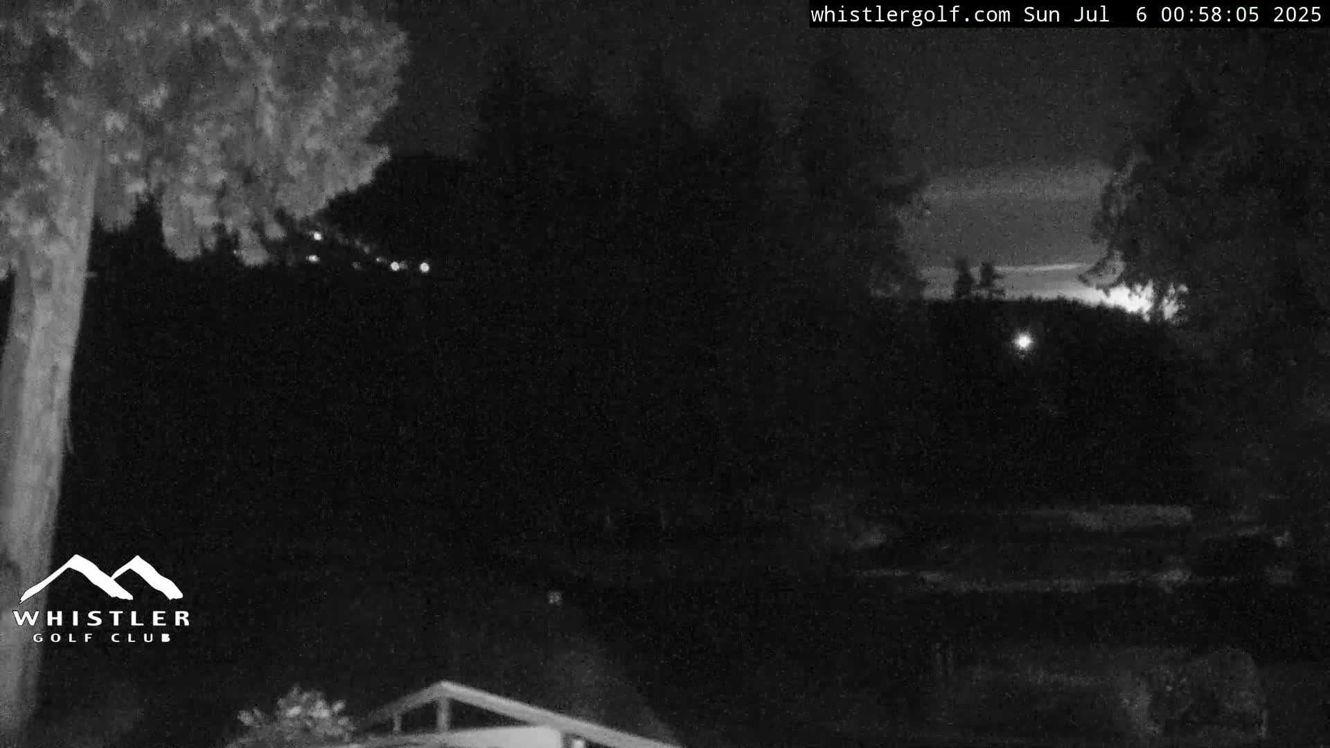A nighttime, low-light image shows a dark, tree-lined landscape with a few distant lights visible, a faint glow on the horizon, and a portion of a building in the bottom right corner.