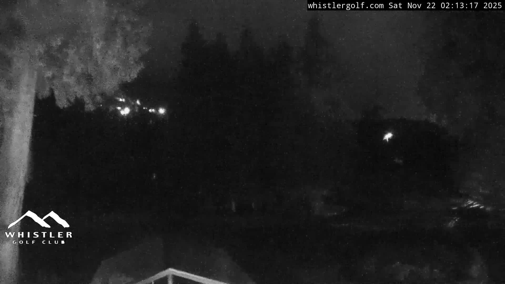 A dark and grainy nighttime view reveals a forested area or golf course with bright distant lights, under what appear to be clear skies.