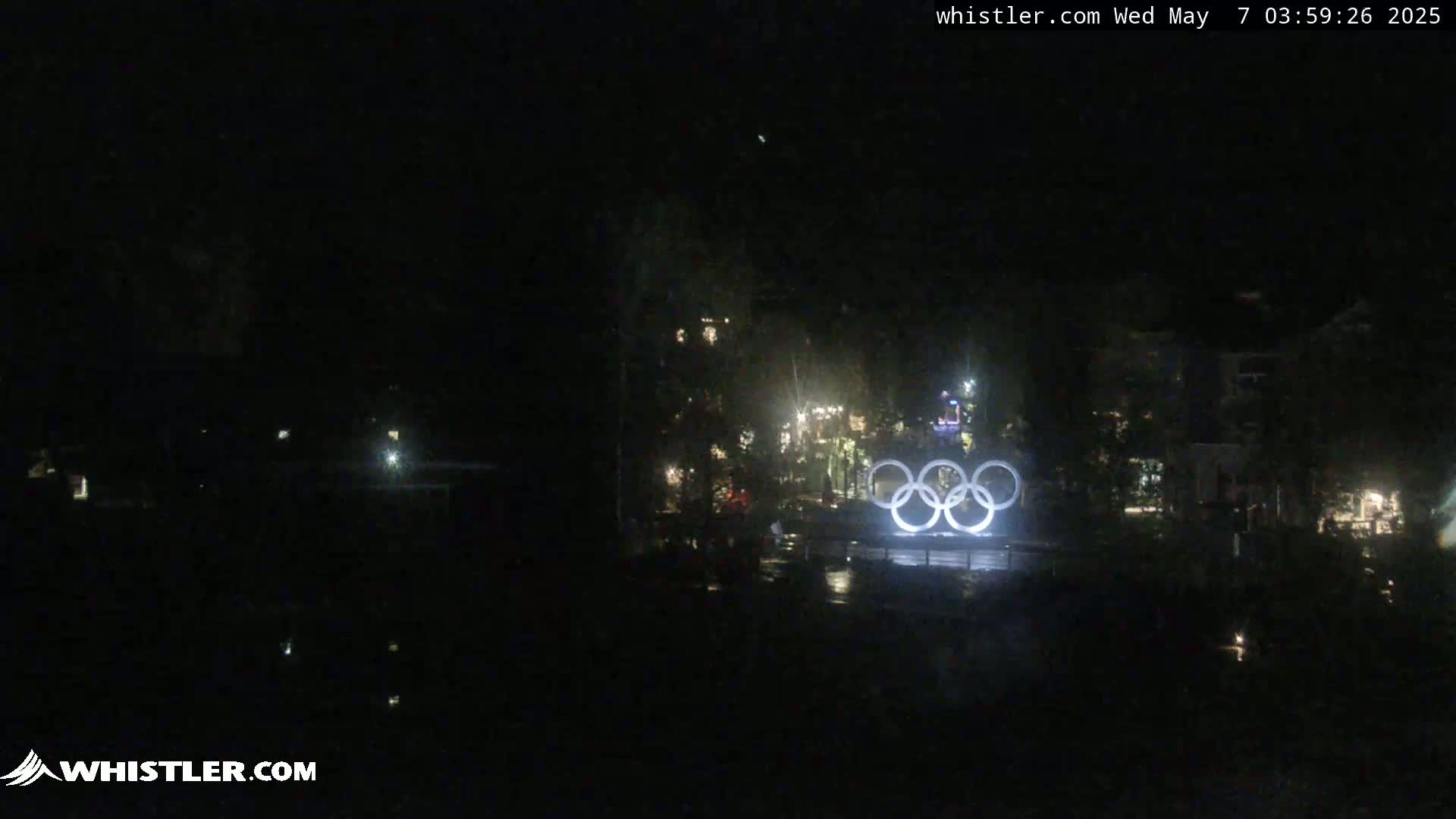 The illuminated Olympic rings are visible at night near a dark body of water and dimly lit buildings.
