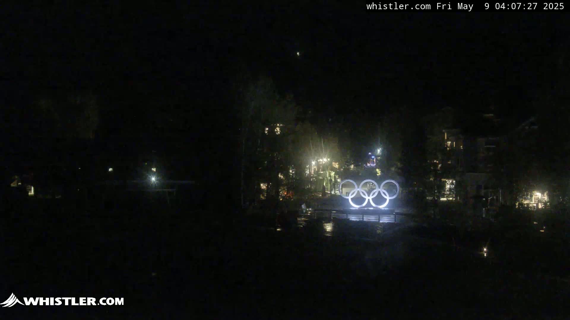 At night, illuminated Olympic rings stand in front of a dark, tree-lined area with faintly visible buildings.