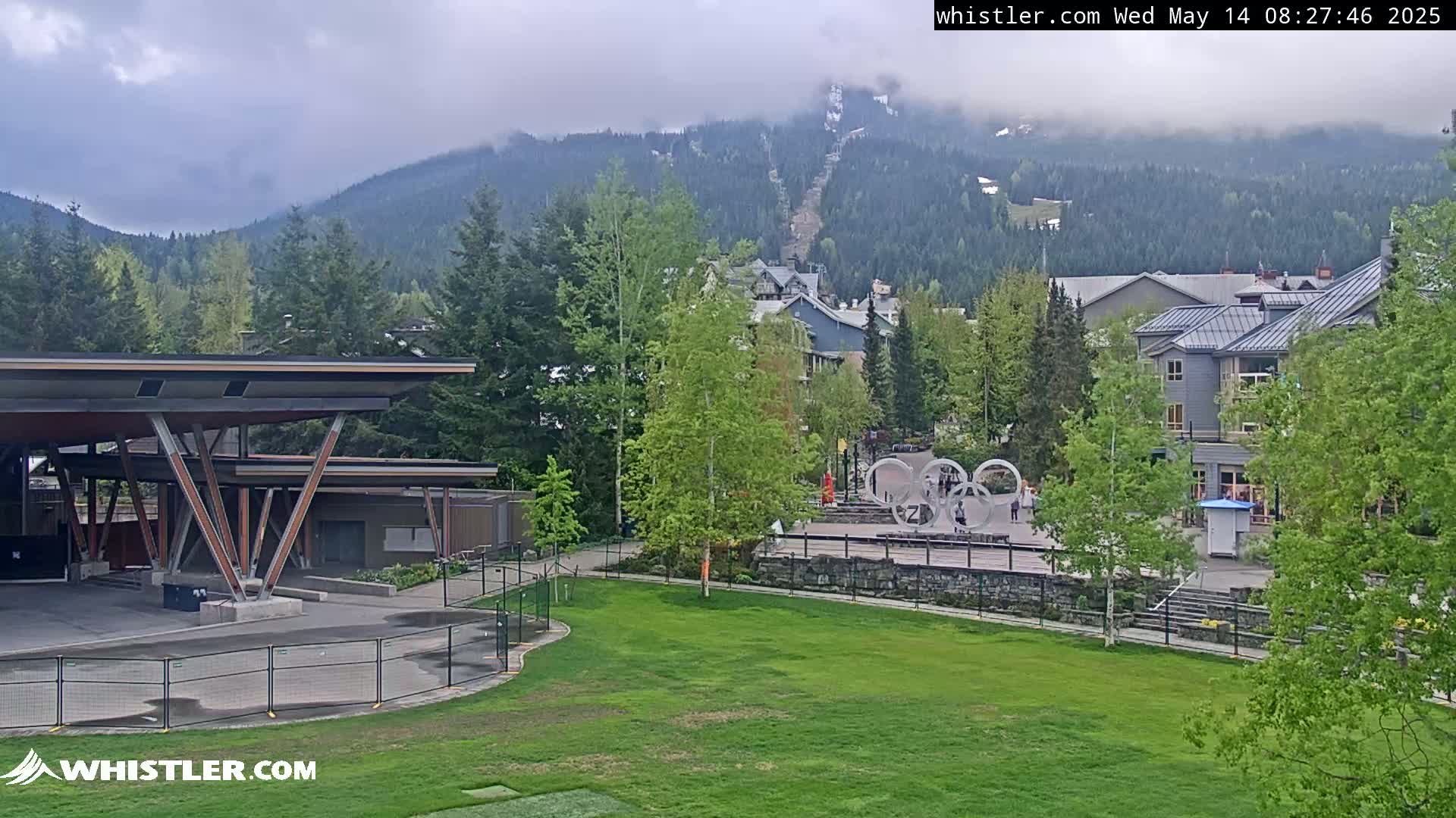 A mostly cloudy day reveals a mountainside ski slope, village buildings, and a grassy area with the Olympic rings in the foreground.