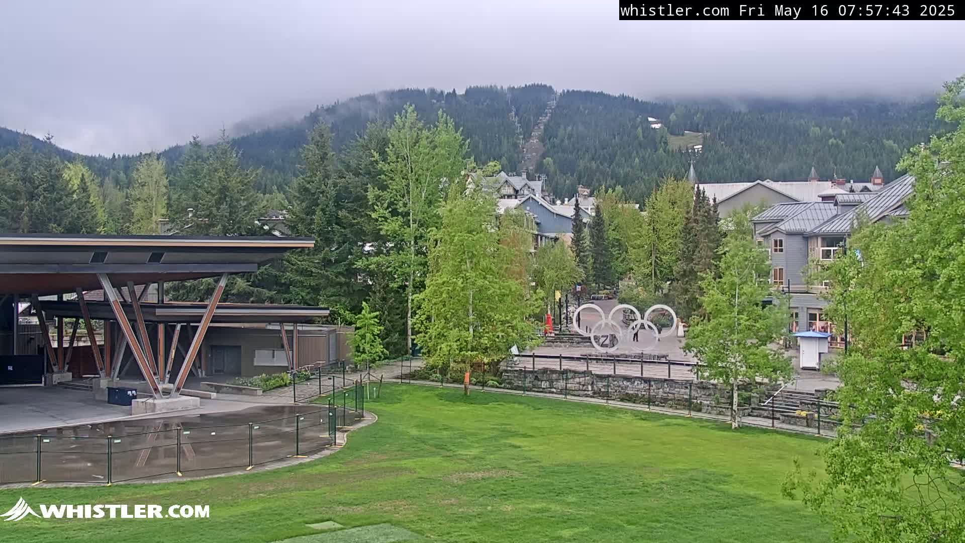 A partially cloudy view of a grassy area with a modern pavilion, Olympic rings, buildings, and lush green trees in the foreground, and a mountain range in the background.
