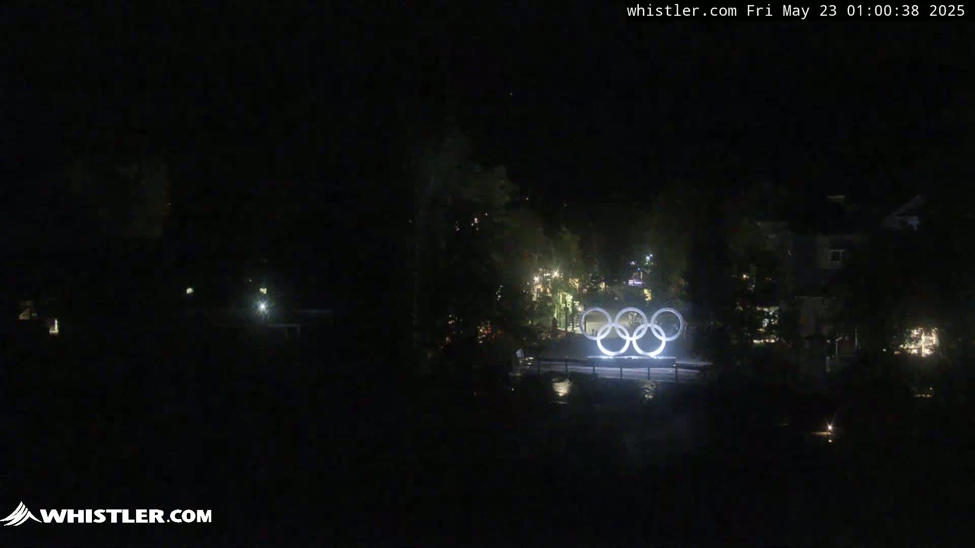 At night, the Olympic rings are illuminated near a dark body of water and a tree-lined area with sparsely visible buildings.
