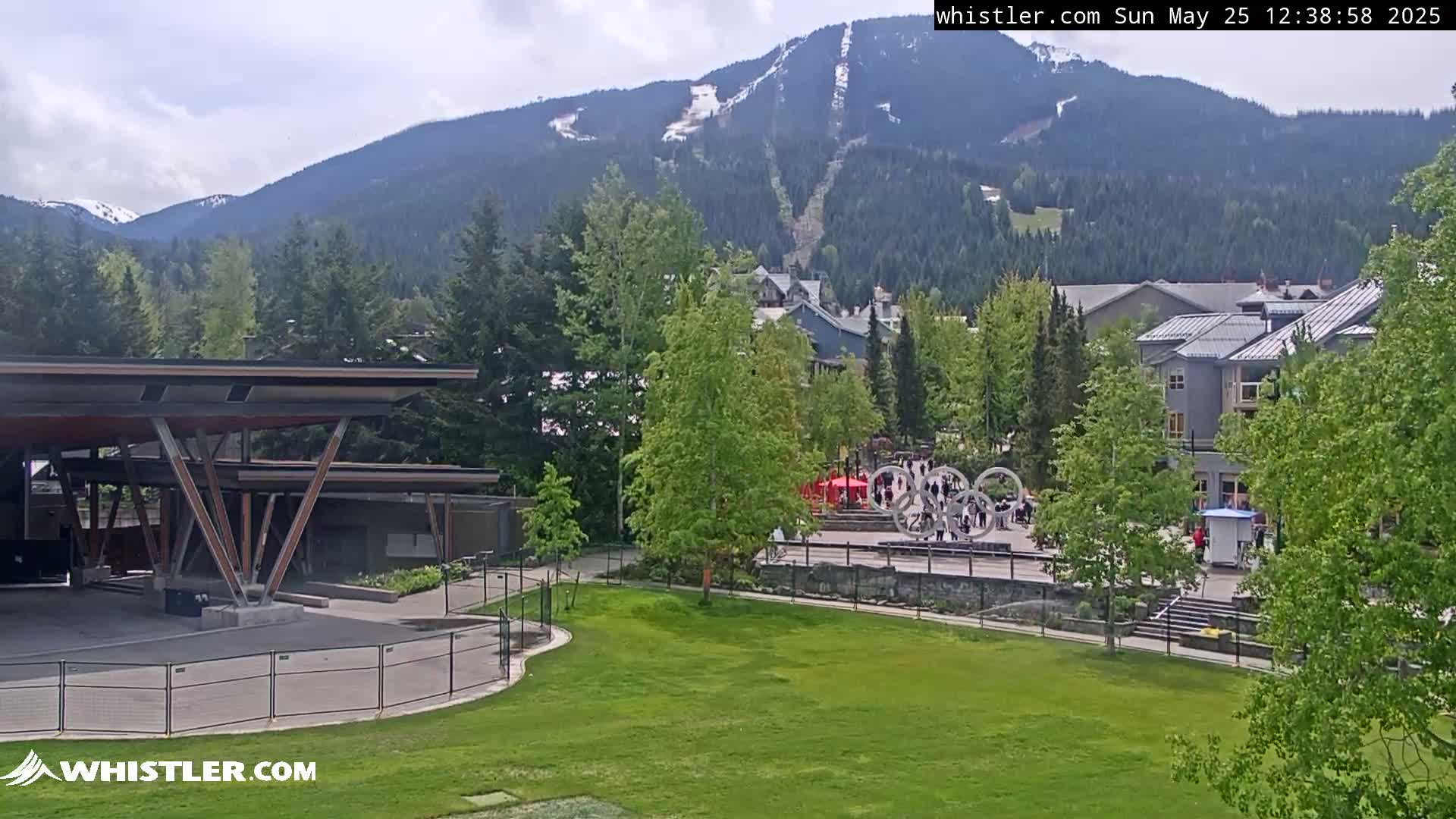 A partly sunny view of a village nestled in a valley with a mountain range in the background, featuring a grassy area, buildings, and some people near a plaza.