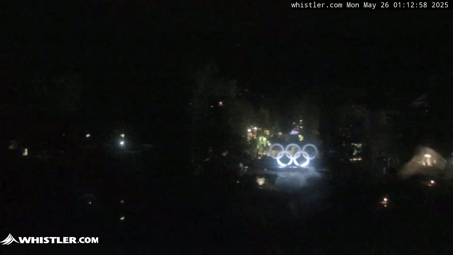 At night, the Olympic rings are illuminated in the distance, surrounded by darkness and a few scattered lights.