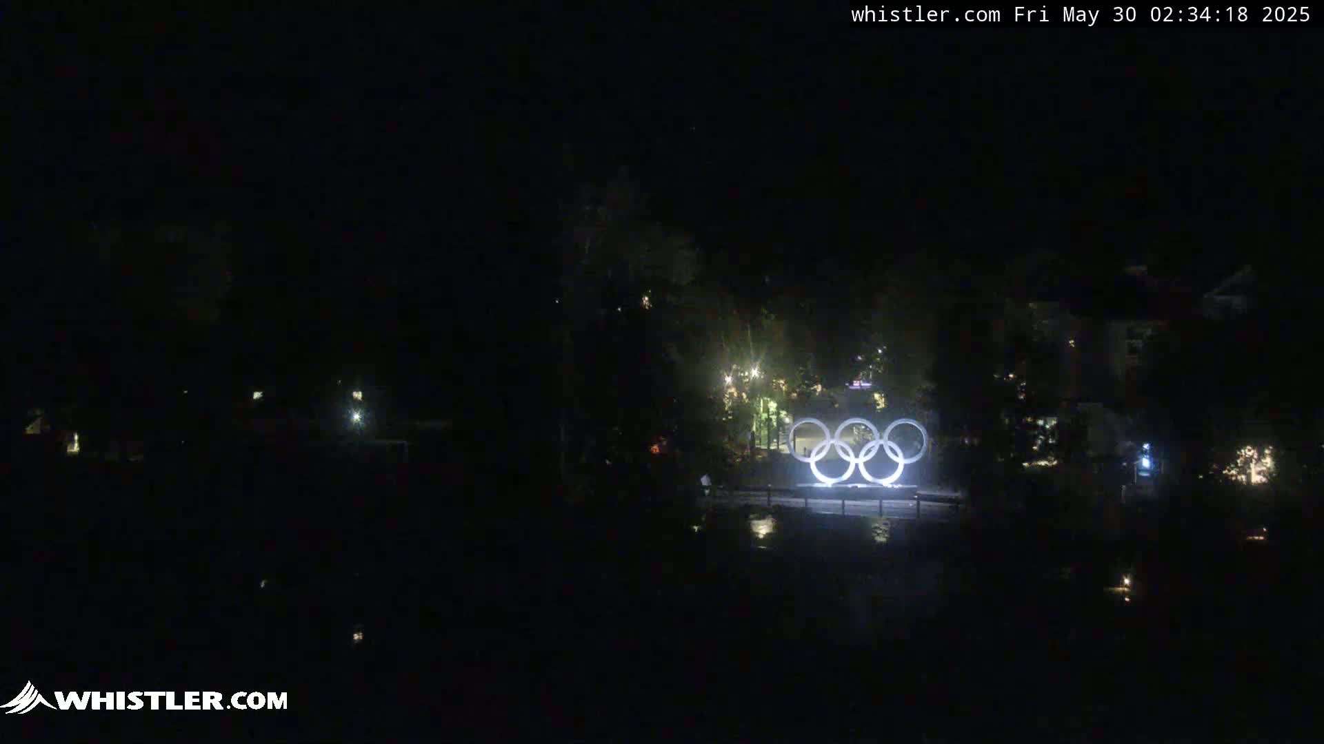 The illuminated Olympic rings are visible at night, surrounded by dark trees and buildings.