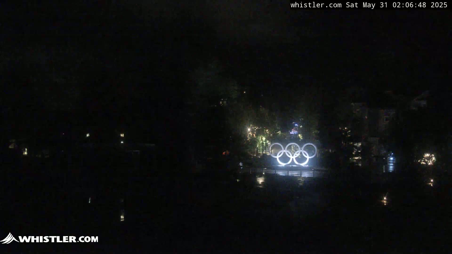 Illuminated Olympic rings are visible at night near a dark body of water and sparsely lit trees.
