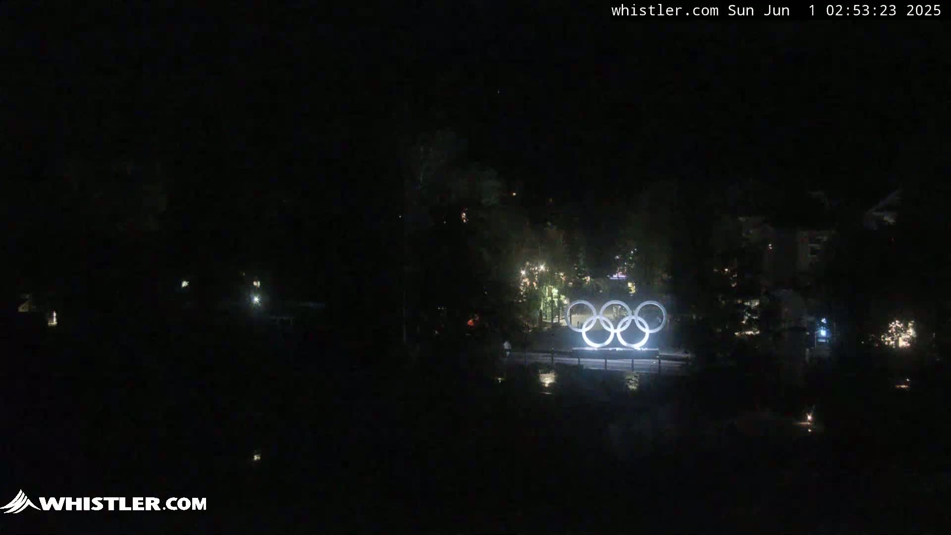 A nighttime long shot shows the Olympic rings illuminated in front of a dark, wooded area with sparsely lit buildings in the background.