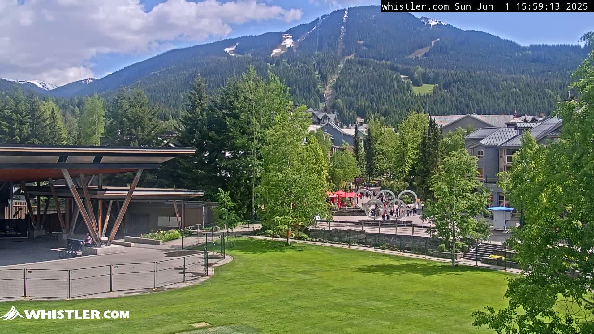 A partly sunny day shows a grassy area with a modern building and trees in the foreground, overlooking a village nestled in a valley surrounded by snow-capped mountains.