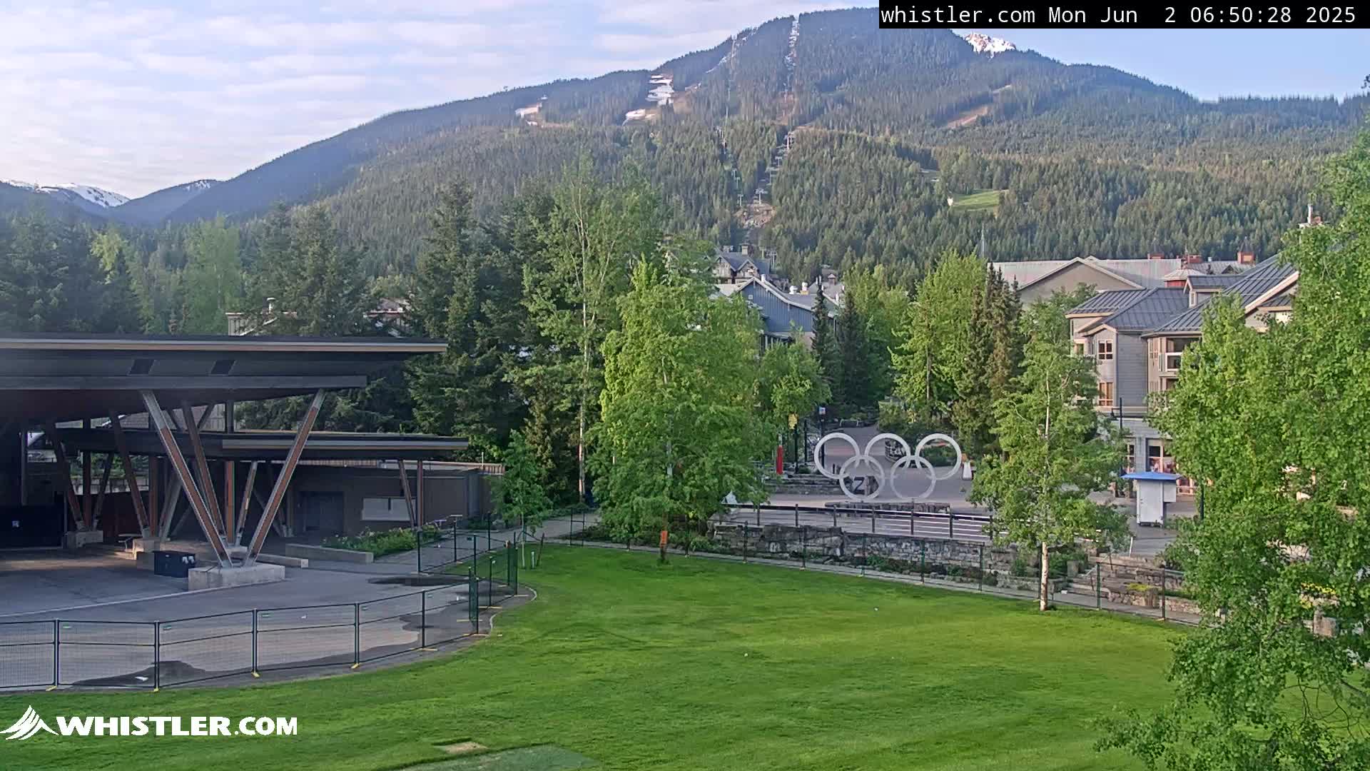 A partly cloudy view of a mountainside town with green grassy areas, trees, buildings, and the Olympic rings in the foreground, under a mostly clear sky.