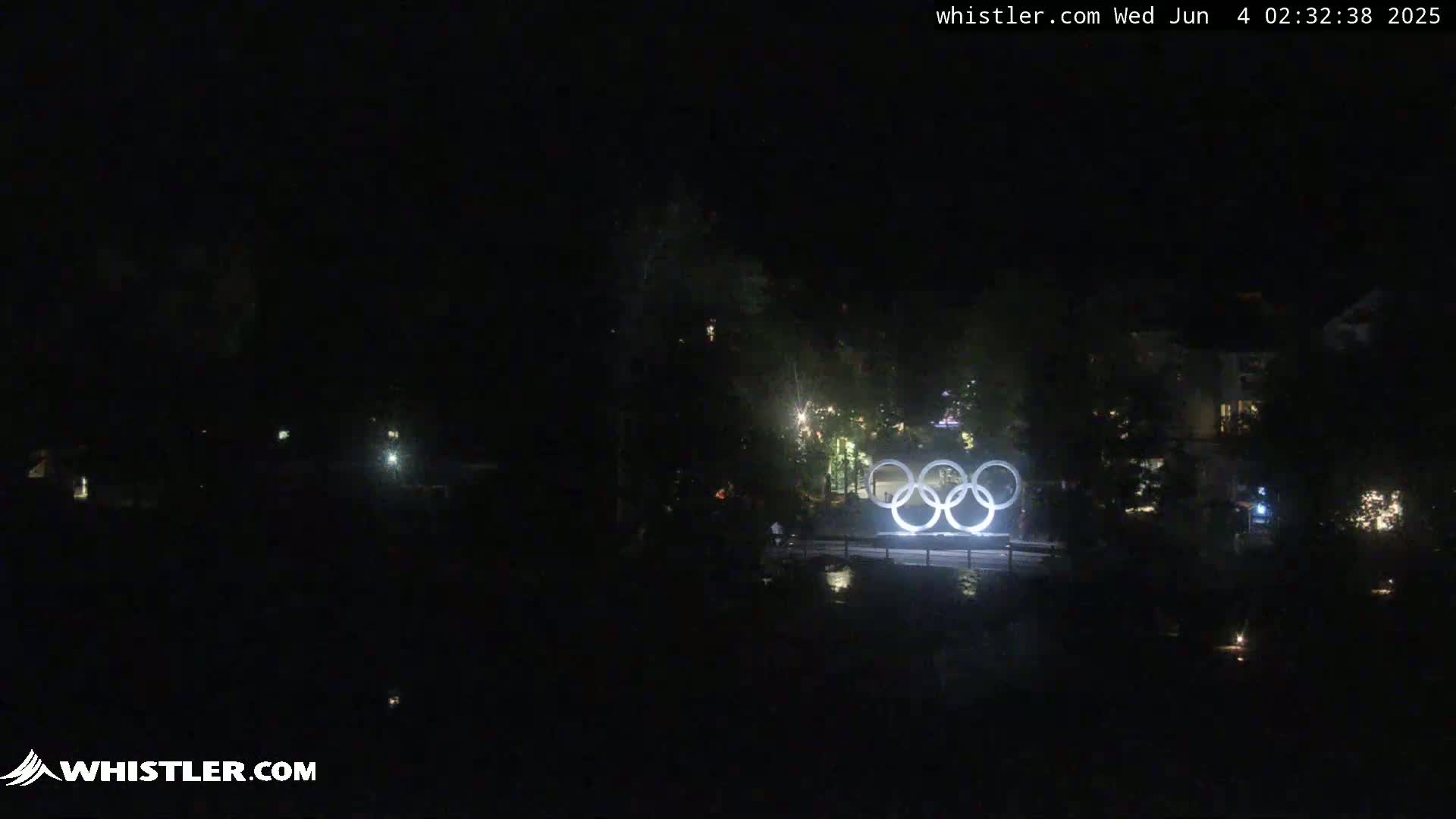 At night, the Olympic rings are illuminated in front of dark trees and buildings.